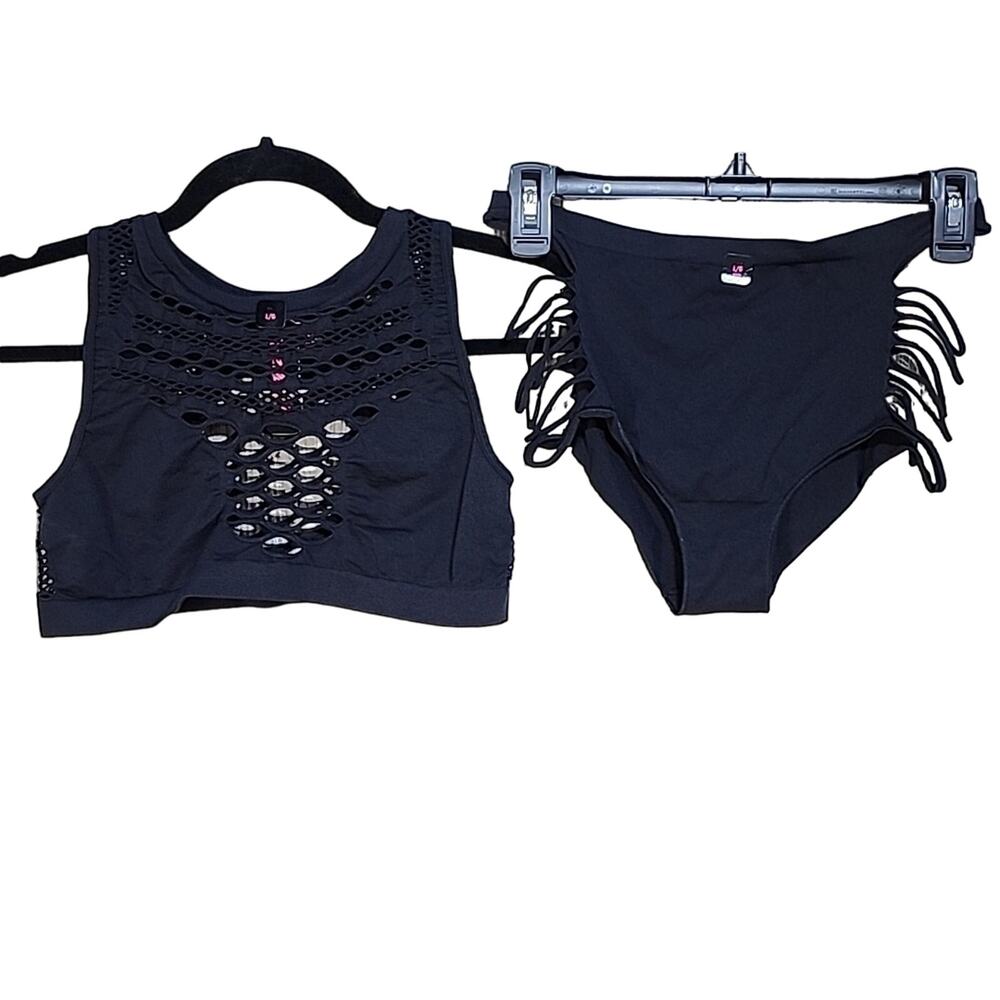 La Senza 2 Piece Lingerie Set Black Perforated Tank and Bottoms Womens L NWT